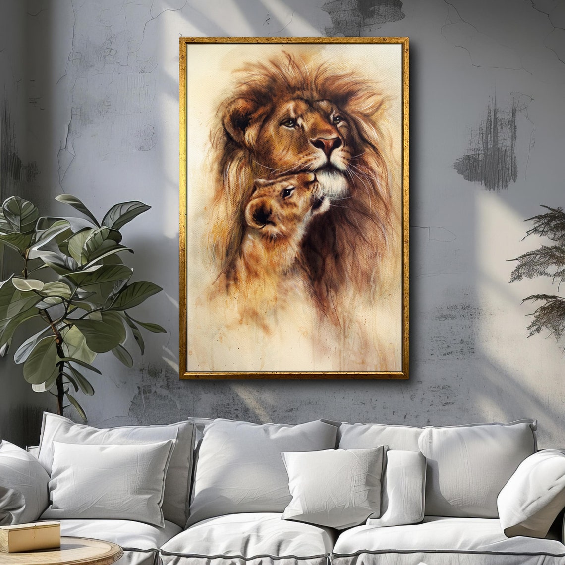 Lion Nuzzling Cub Tender Watercolor Family Wildlife Portrait Poster - Image 3
