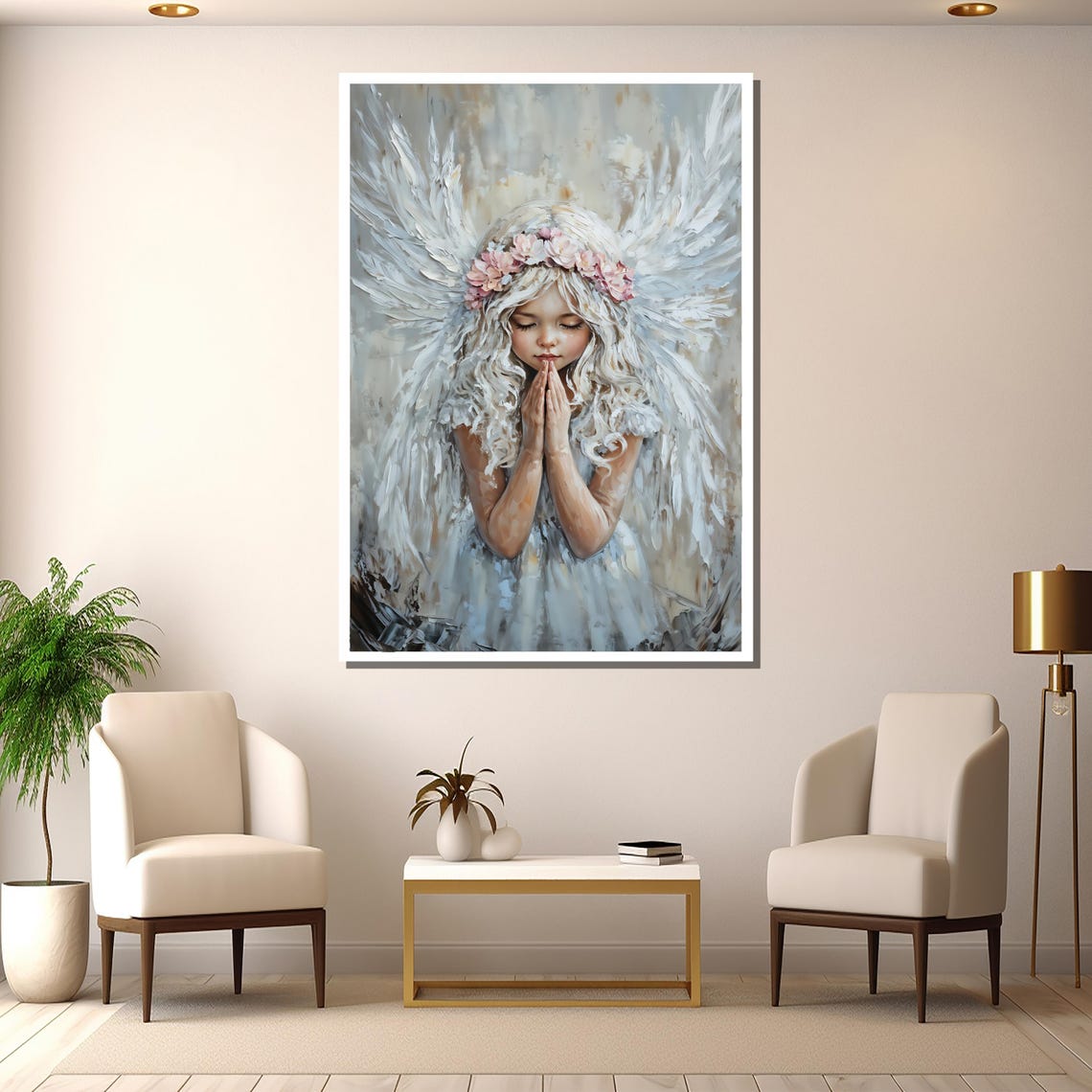 Praying Angel Girl Flower Crown Soft White Wings Portrait Wall Poster - Image 2