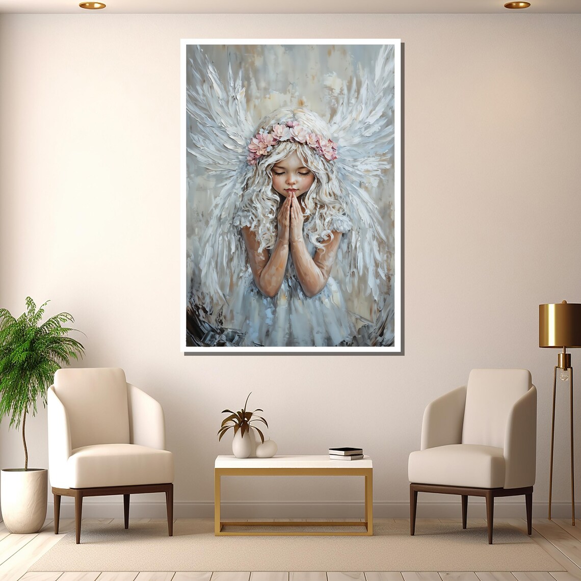 Praying Angel Girl Painting Guardian Angel Wall Art Spiritual Angel Decor Elegant Religious Artwork Gift For Home Church - Image 2