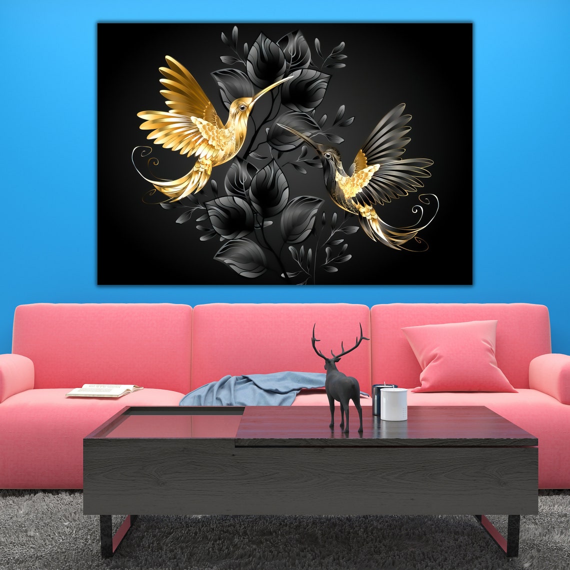 Golden Hummingbirds on Black Luxurious Black and Gold Bird Wall Art - Image 2
