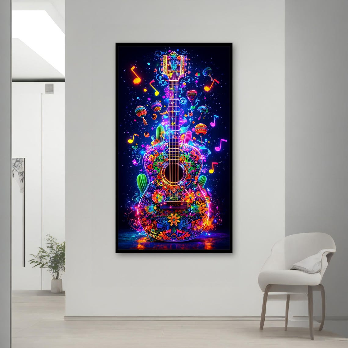 Neon Floral Guitar Mexican Style Colorful Musical Notes Vibrant Poster - Image 2