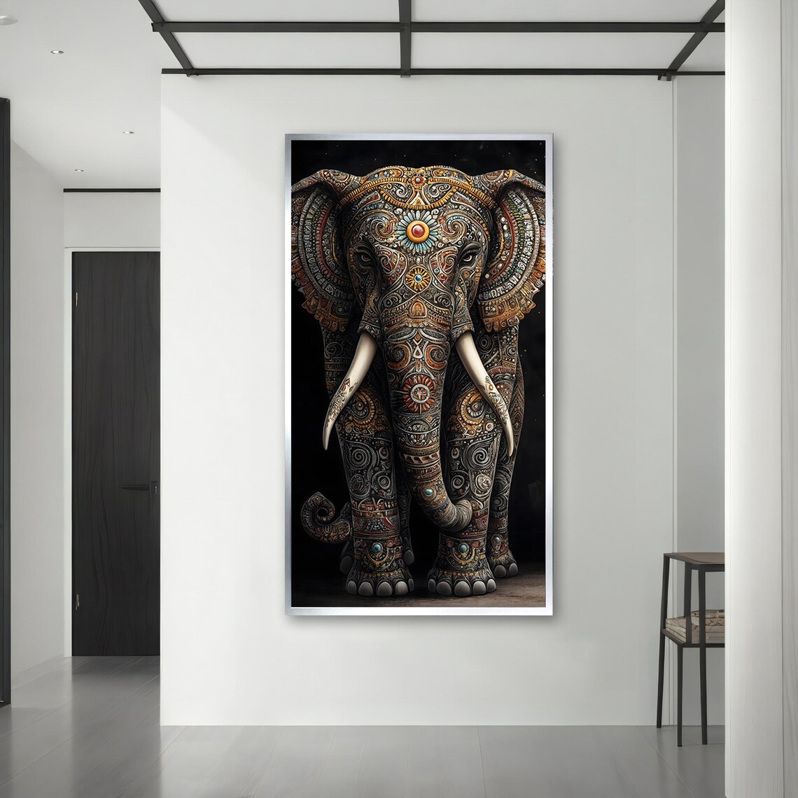 Decorative Mandala Elephant Front View On Black Background Boho Animal Poster - Image 3