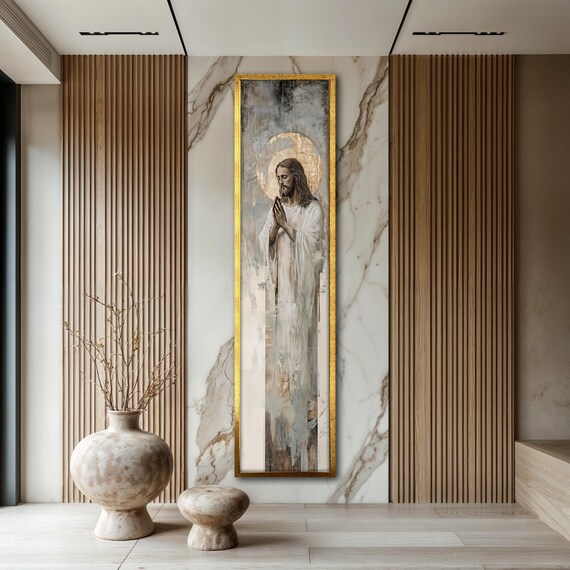 Jesus Christ Praying Golden Halo Elegant Religious Vertical Art Poster