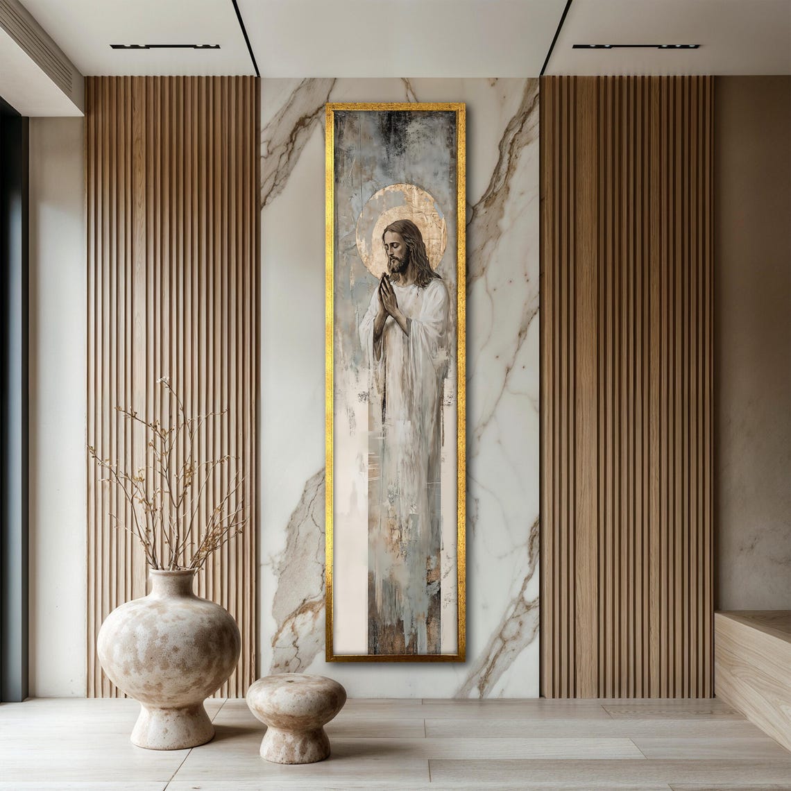 Jesus Christ Praying Golden Halo Elegant Religious Vertical Art Poster