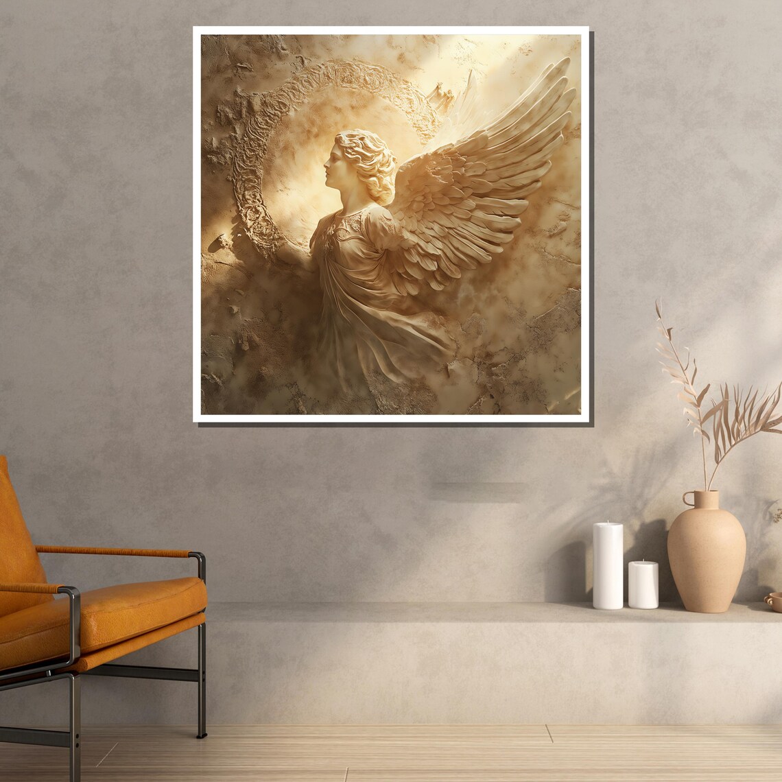 Celestial Angel Sculpture Relief Painting Golden Heavenly Guardian Wall Poster - Image 2