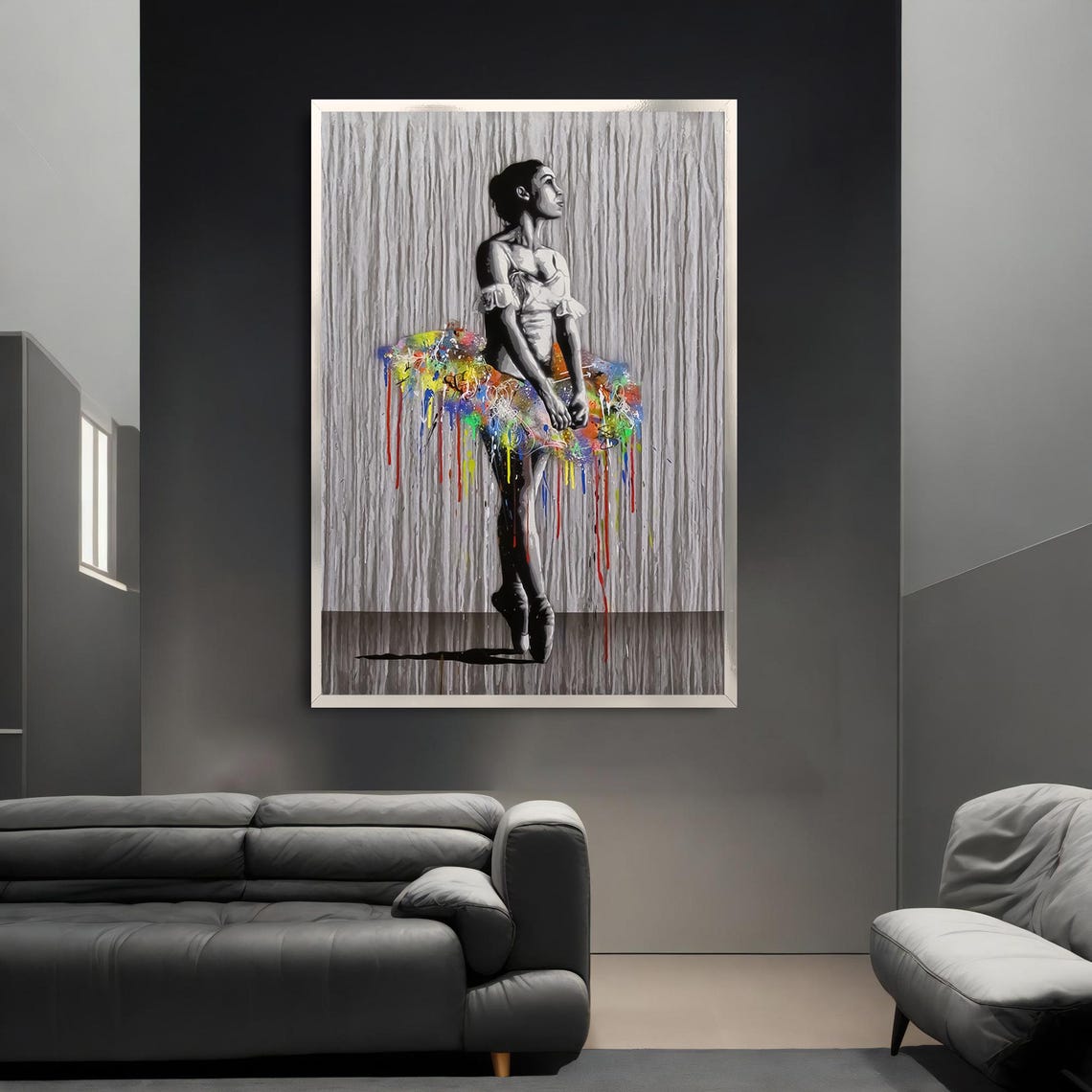 Ballerina With Graffiti Rainbow Tutu Black White Street Art Poster - Image 3