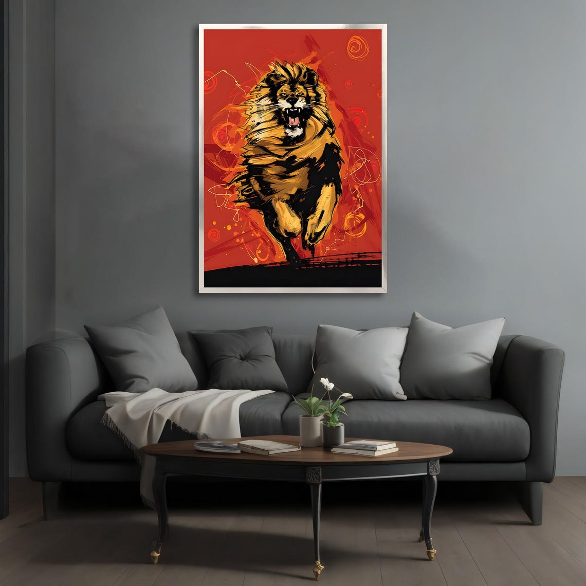 Fierce Roaring Lion Leaping Bold Red Orange Abstract Wildlife Poster - Image 3