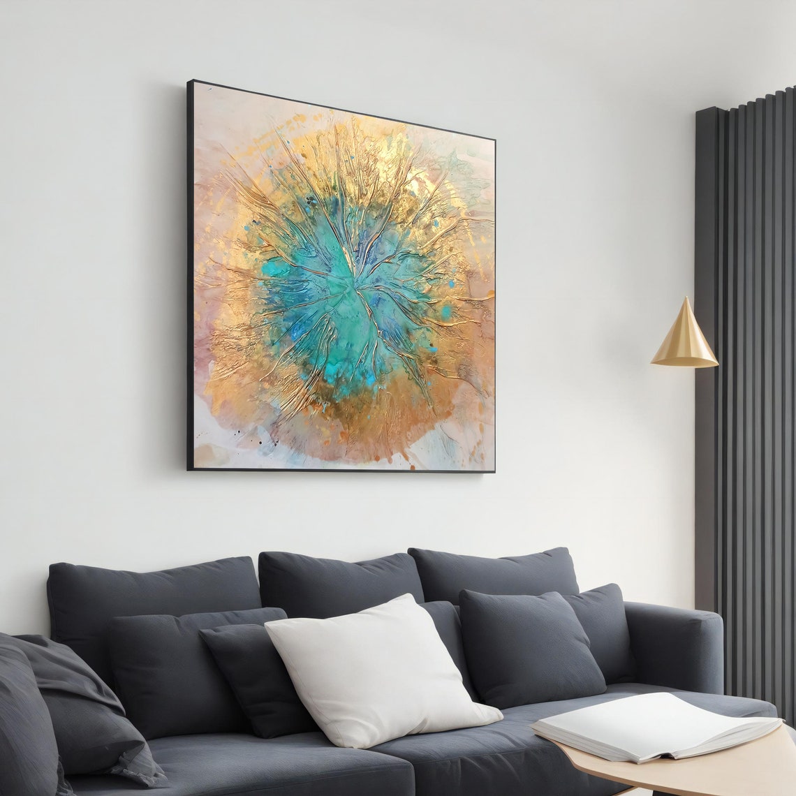 Radiant Gold Turquoise Burst Textured Abstract Dynamic Art Print