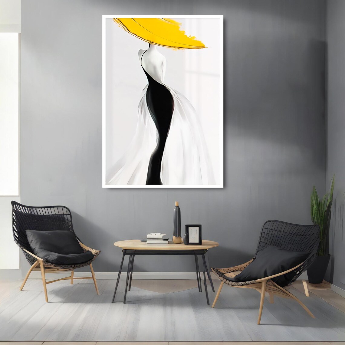 Minimalist Fashion Woman Yellow Hat Elegant Black White Abstract Art Poster - Image 2