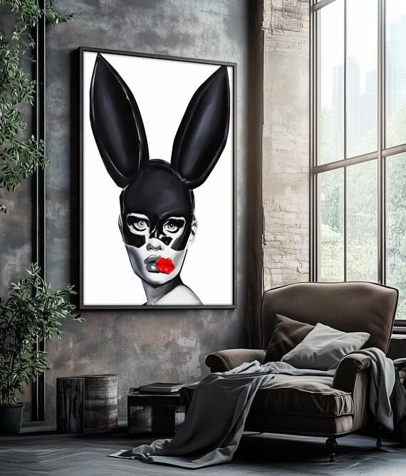 Bunny Mask Woman Black White Red Lips Chic Fashion Art Poster