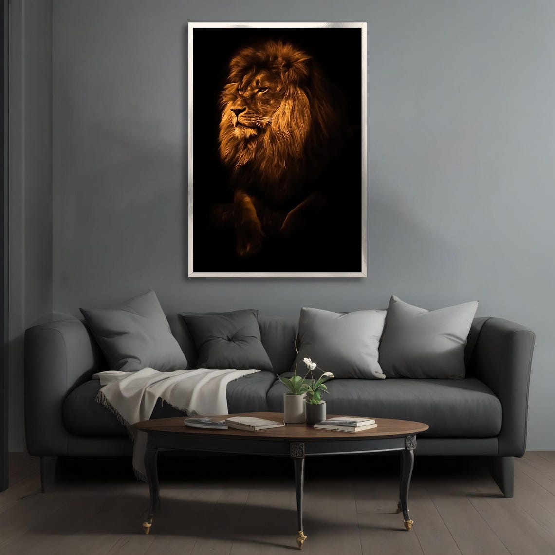 Majestic Lion Portrait Golden Mane On Dark Black Background Poster - Image 3