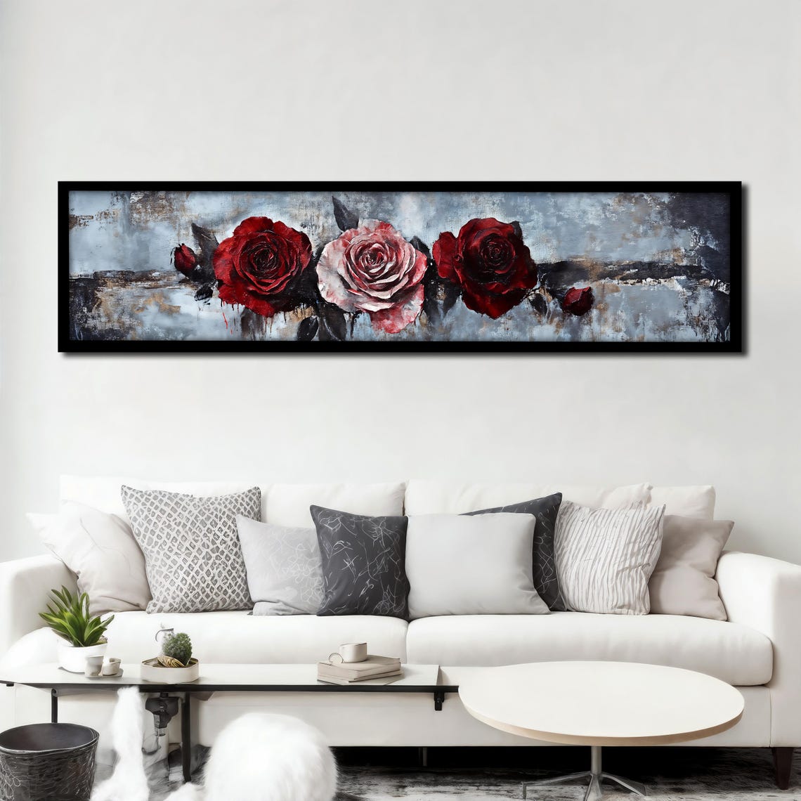 Red Pink Roses on Textured Gray Rustic Panoramic Floral Art Poster - Image 3