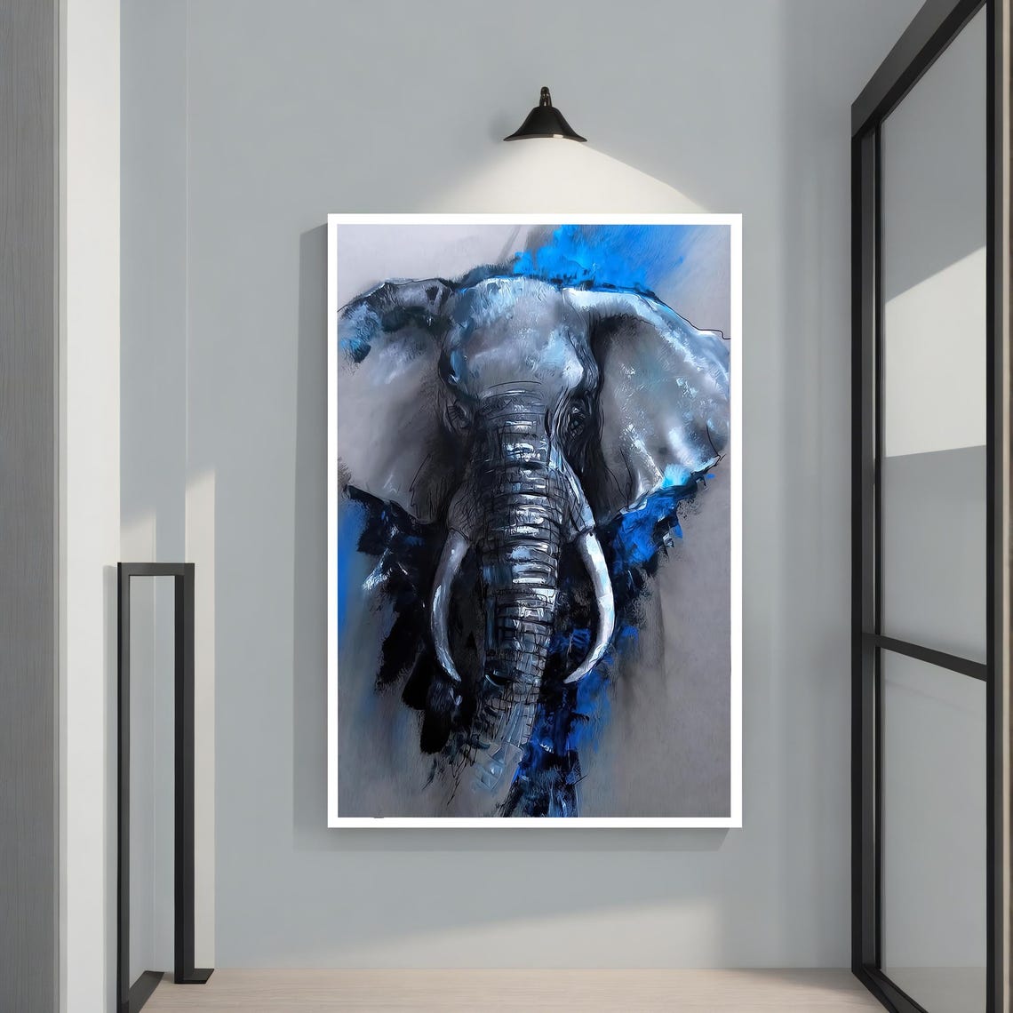 Blue Elephant Head Abstract Blue Splash Wildlife Portrait Poster - Image 2