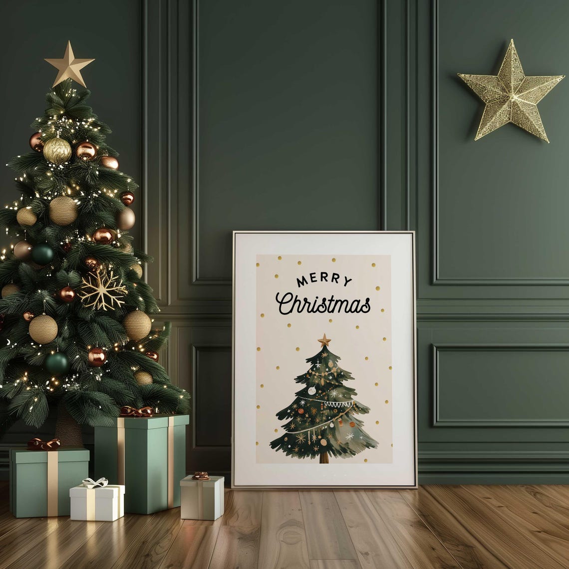 Neutral Black Merry Christmas Script Cream Watercolor Tree Poster - Image 3