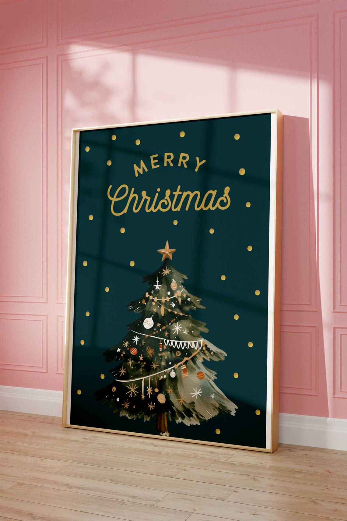 Gold Merry Christmas Script Teal Watercolor Tree Holiday Poster - Image 3