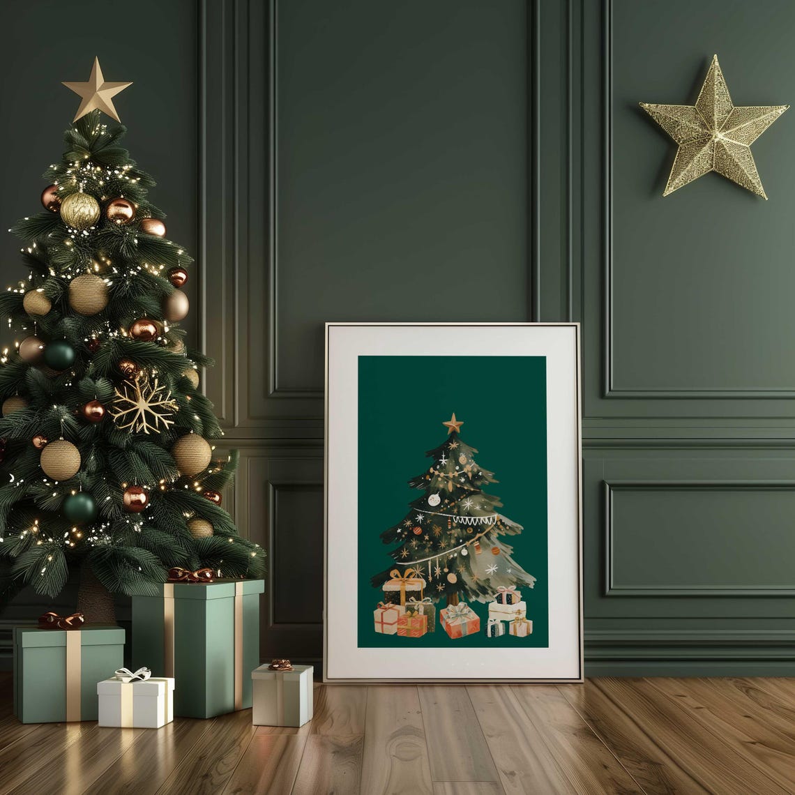Watercolor Christmas Tree With Gifts Dark Green Holiday Poster - Image 2
