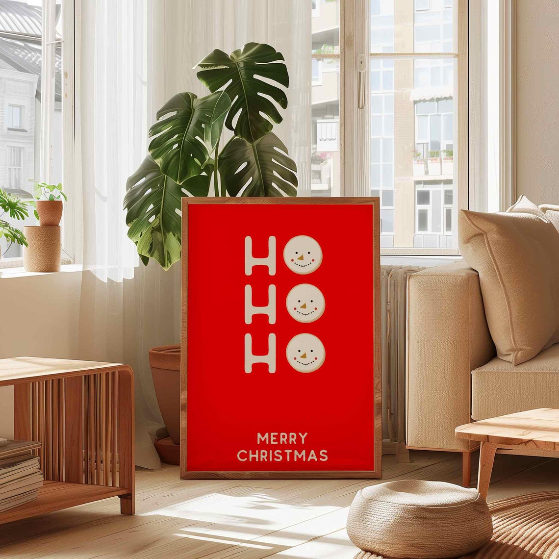 Jolly Cute White Ho Ho Ho Snowman Faces Bold Red Christmas Poster - Image 2
