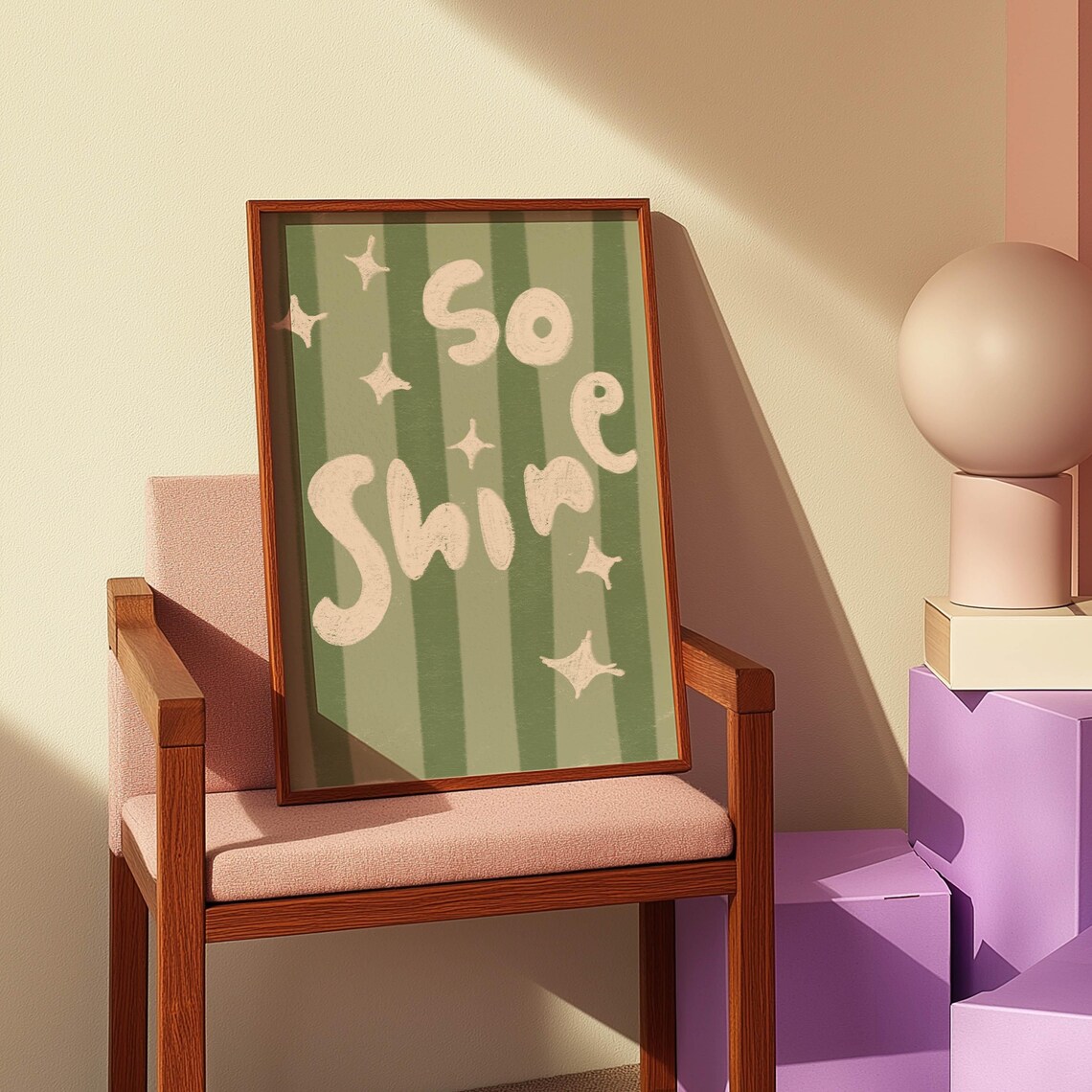So Shine Green Striped Retro Star Positive Quote Wall Poster - Image 2