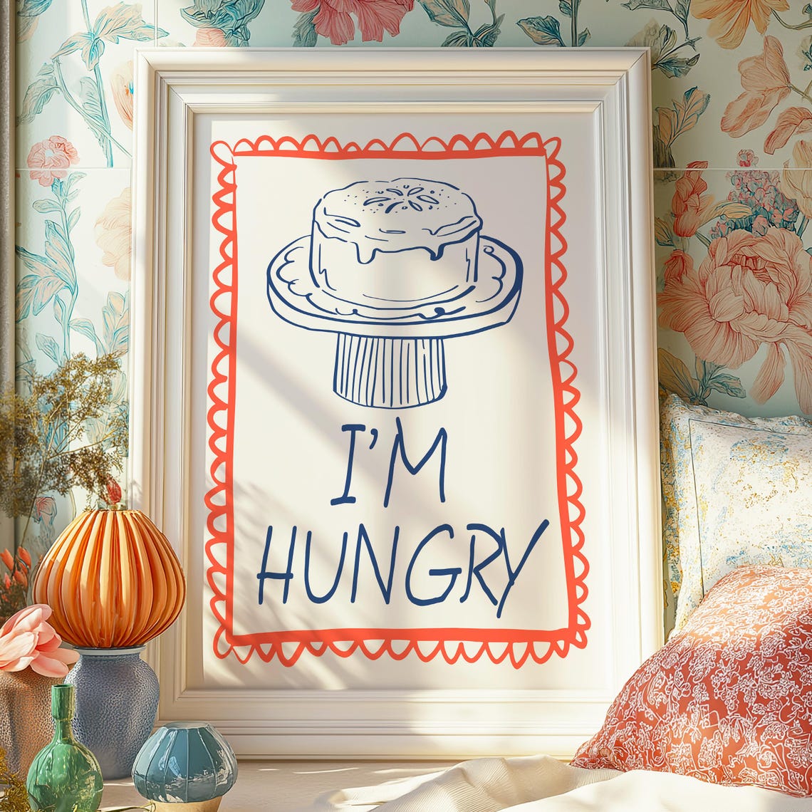 Im Hungry Pie Illustration Navy Orange Funny Kitchen Food Poster - Image 2