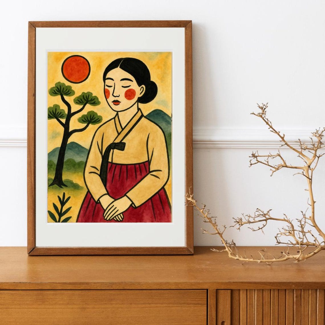 Korean Woman in Yellow Hanbok Under Red Sun Pine Tree Folk Art Poster