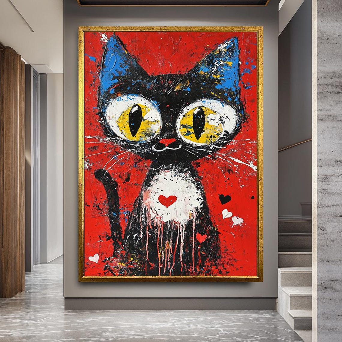 Expressive Bold Abstract Black Cat Pop Art Red Statement Poster