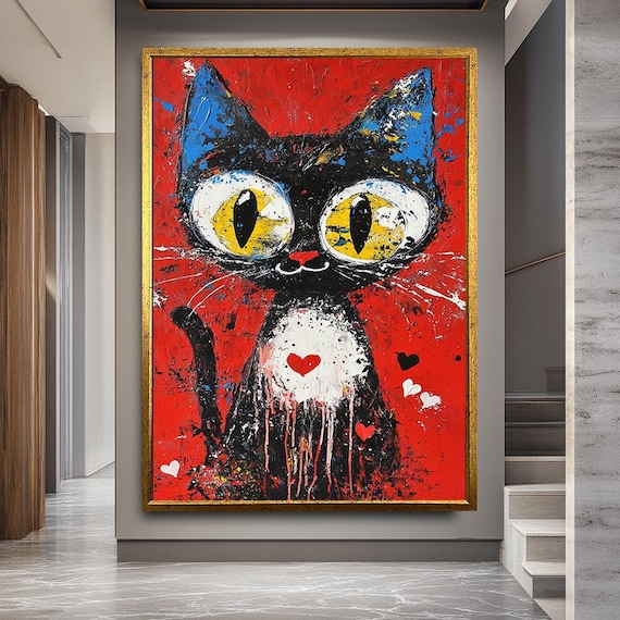 Expressive Bold Abstract Black Cat Pop Art Red Statement Poster