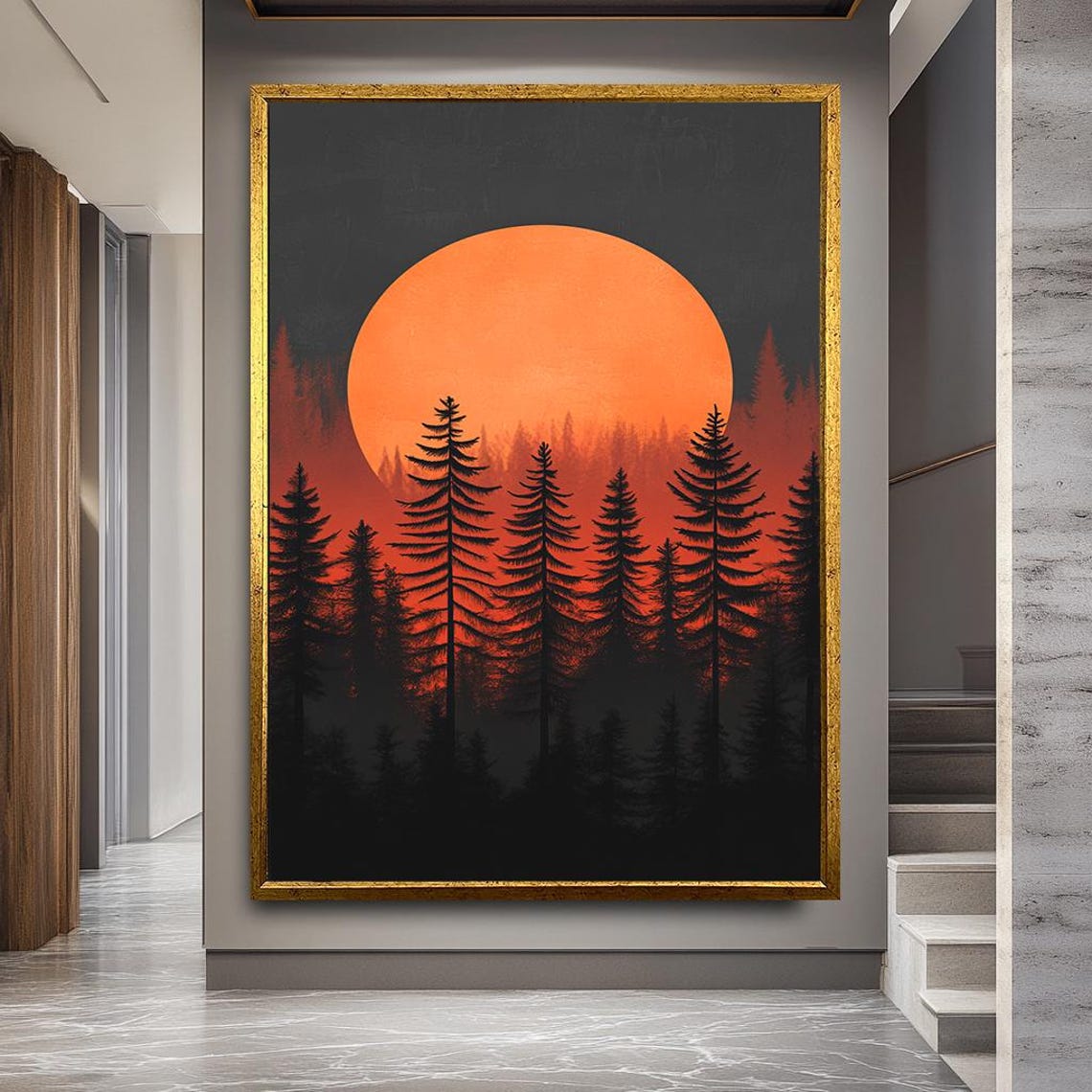 Sunset Forest Minimalist Pine Tree Silhouette Orange Sun Poster