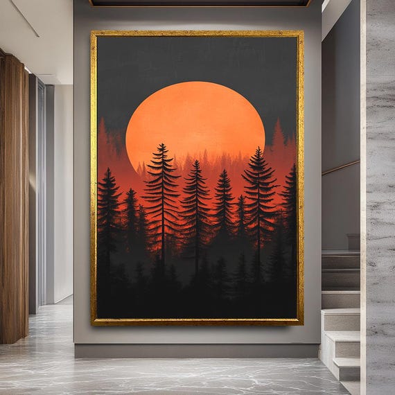 Sunset Forest Canvas Art Minimalist Pine Tree Silhouette