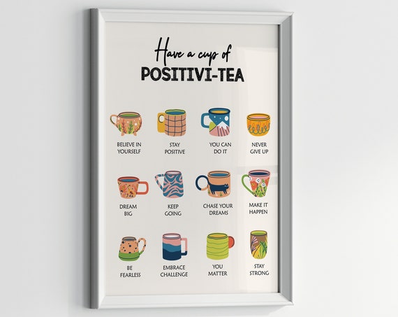 Have A Cup Of Positivi Tea Poster Motivation Quote Home Print Councellor Office Mental Health Therapist Therapy Art