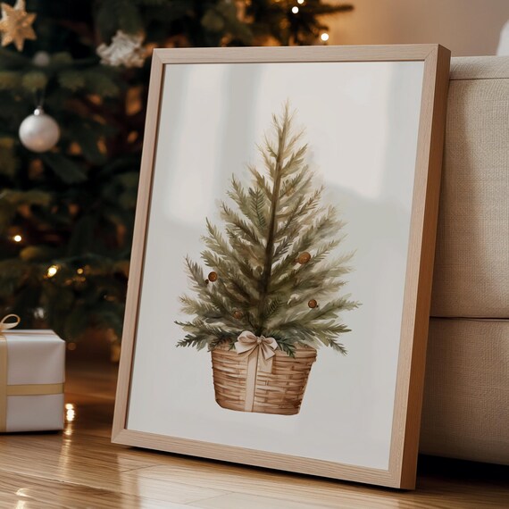 Watercolor Christmas Tree in Woven Basket Neutral Holiday Wall Art