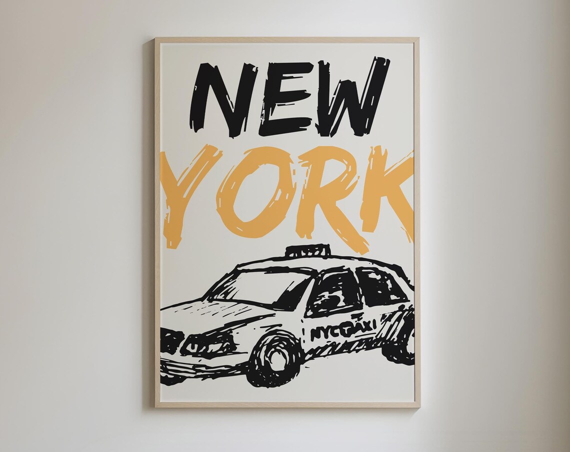 New York City Yellow Taxi Cab Hand Drawn Sketch Typography Poster