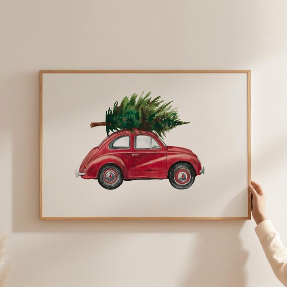 Vintage Red Beetle Car Carrying Christmas Tree Holiday Poster