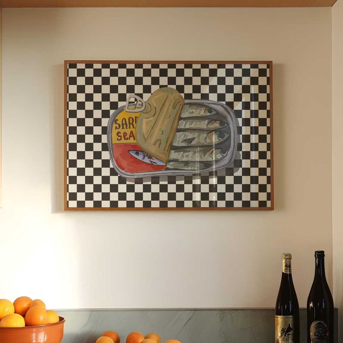 Funky Sardine Tin Illustration on Black and White Checkerboard Poster