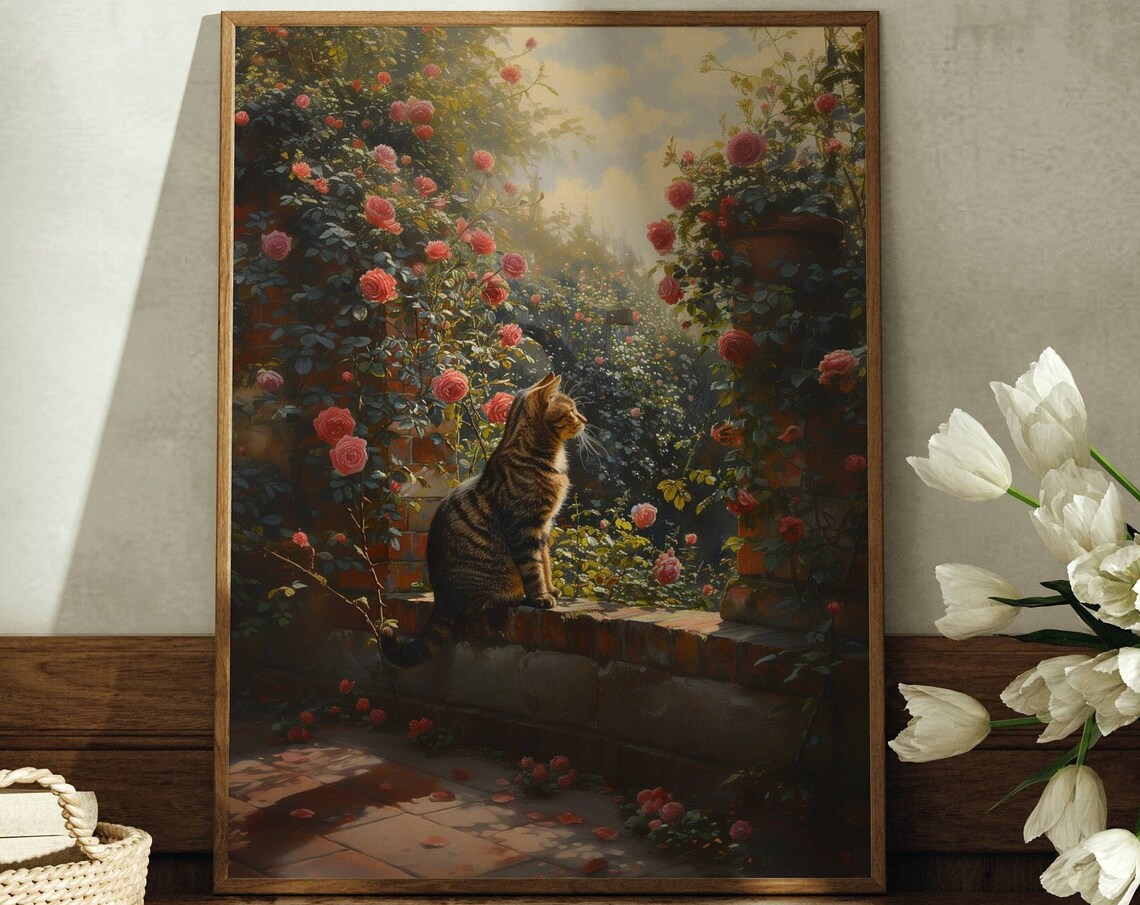 Tabby Cat on Brick Garden Wall Among Roses Golden Light Painting Poster