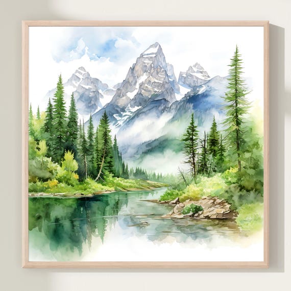 Mountain Lake Watercolor Art Print Panoramic Landscape Painting