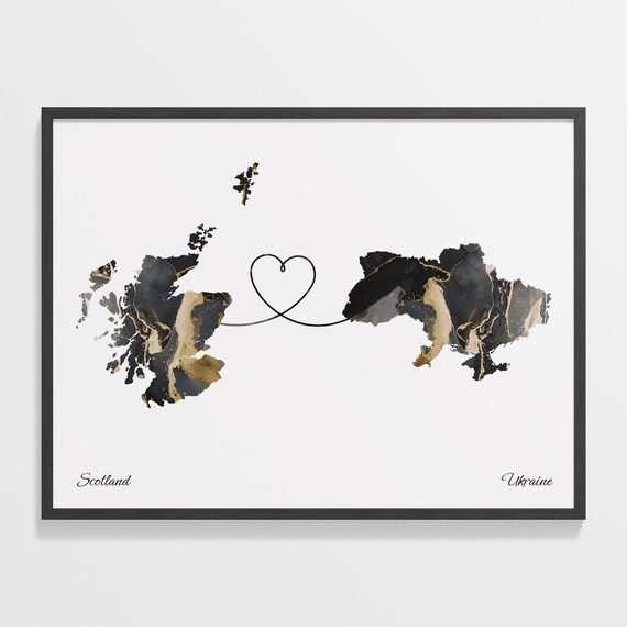 Scotland Ukraine Long Distance Love Black Gold Marble Map Poster