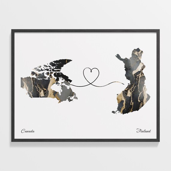 Canada and Finland Long Distance Black Marble Heart Connection Map Poster