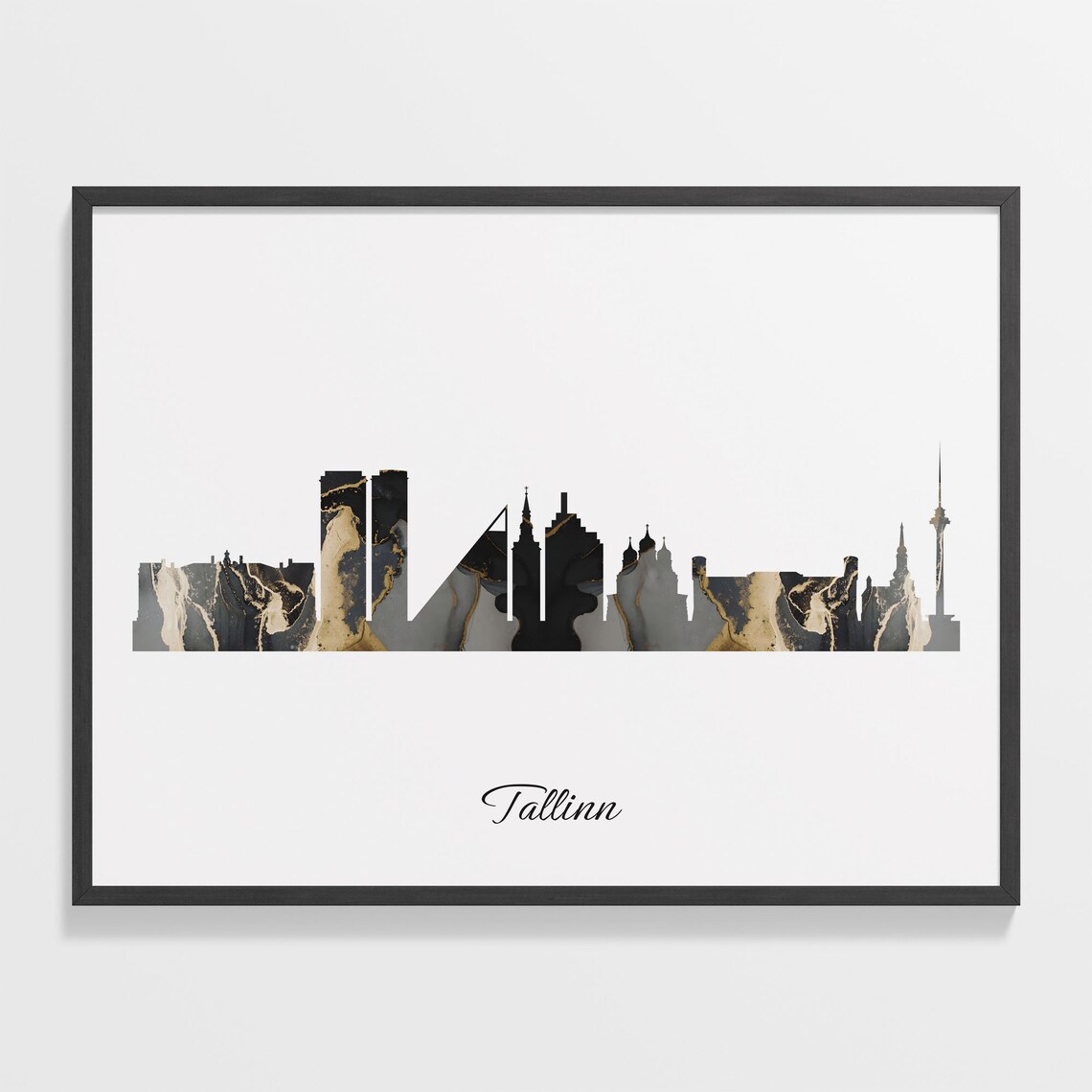 Tallinn Estonia Black Gold Marble Skyline Silhouette City Print