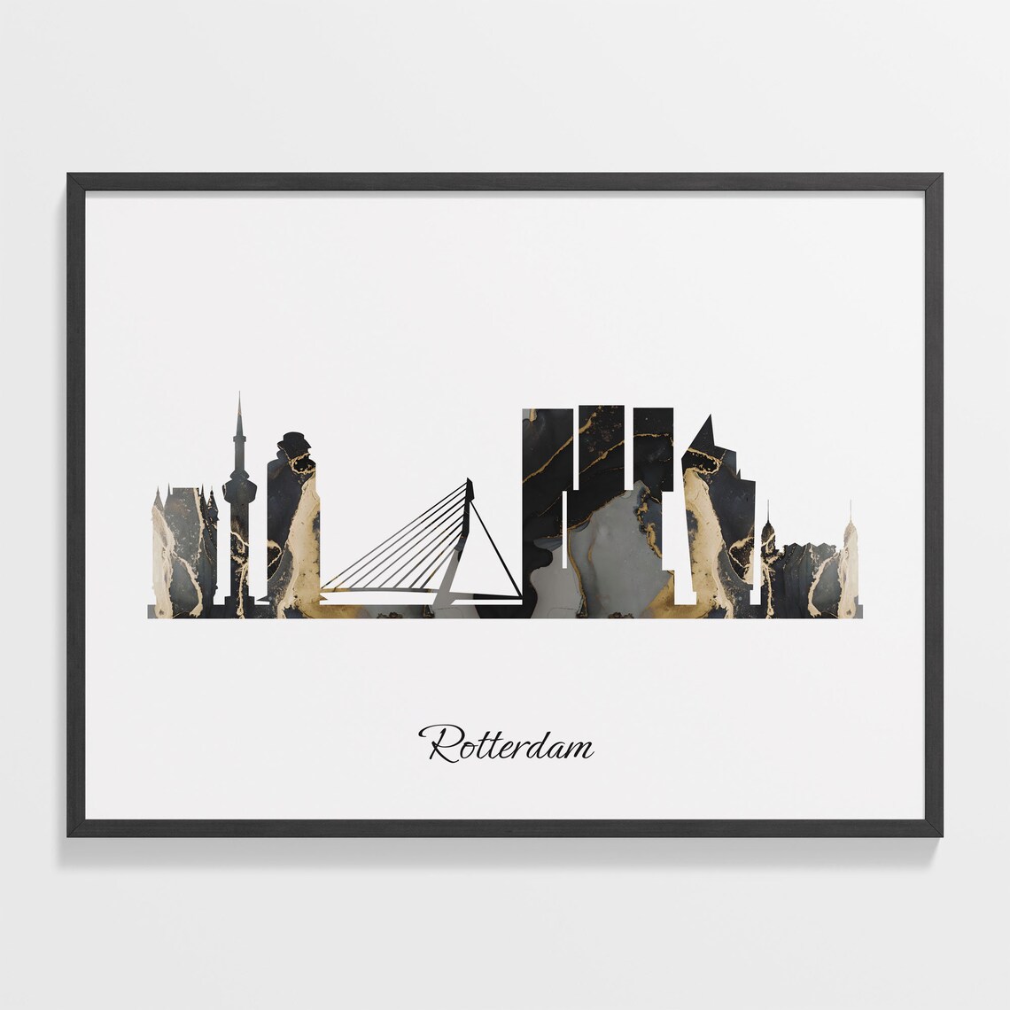 Rotterdam Netherlands Marble Skyline Black Gold Minimalist Cityscape Poster