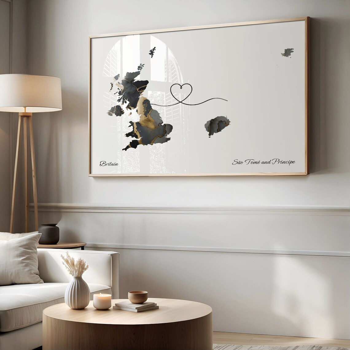 Britain and Sao Tome and Principe Black Gold Marble Two Country Love Map Poster - Image 2