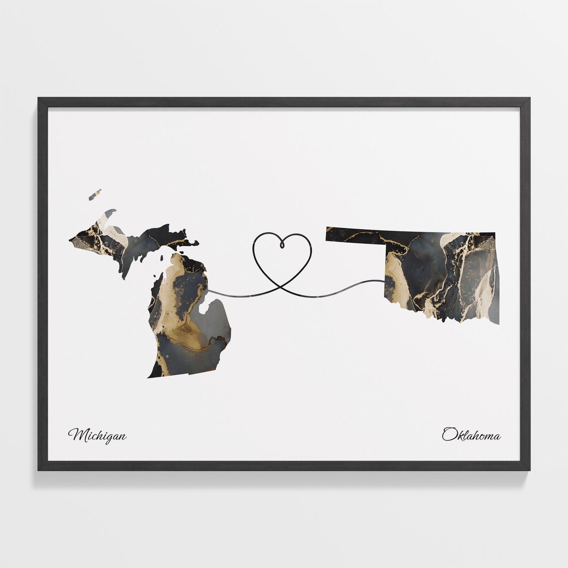 Michigan Oklahoma Long Distance Love Black Gold Marble Map Poster