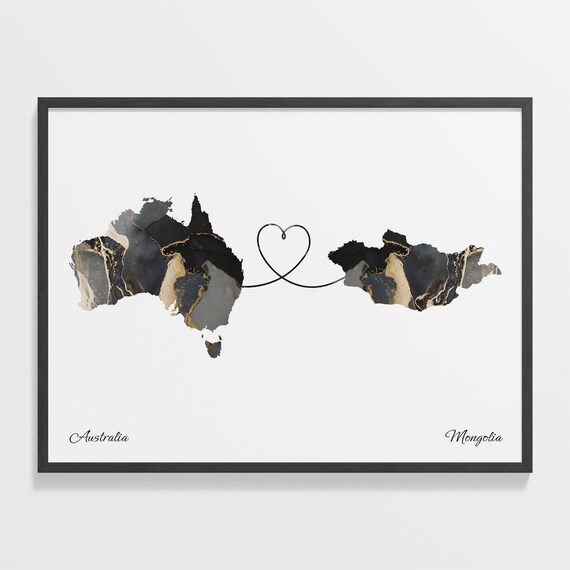 Australia and Mongolia Black Gold Marble Map Heart Connection Poster