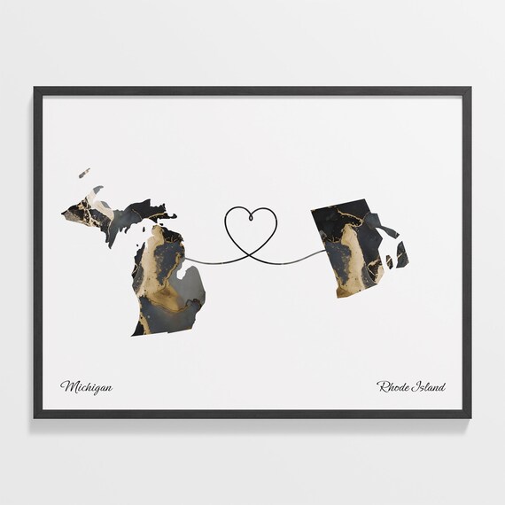 Michigan To Rhode Island Marble Map Heart Poster Long Distance Love Gift