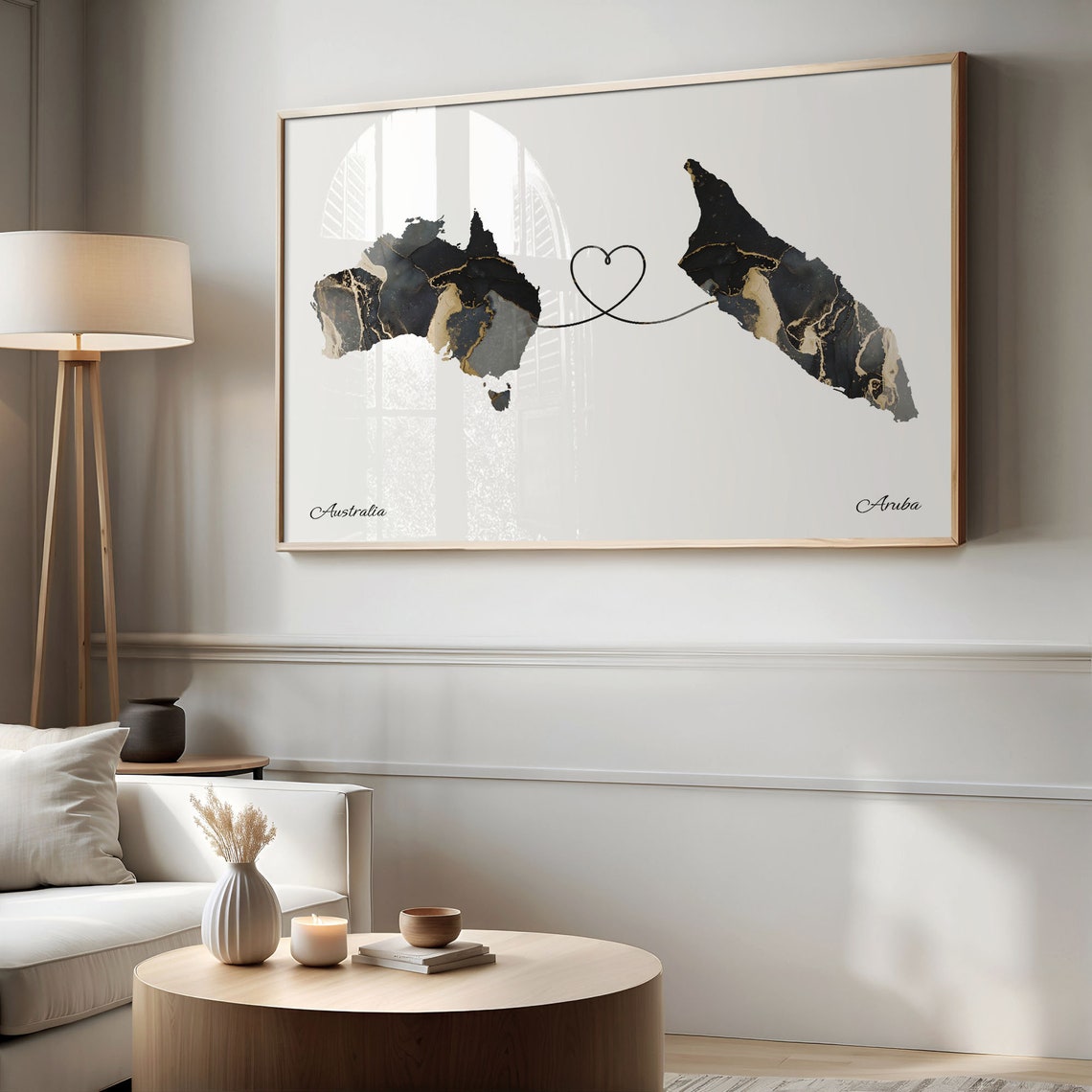 Australia To Aruba Black Gold Marble Long Distance Heart Map Poster - Image 2