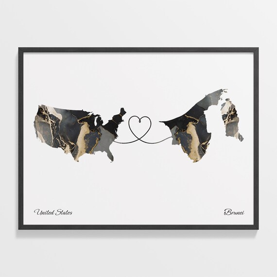 United States and Brunei Marble Map Heart Long Distance Poster