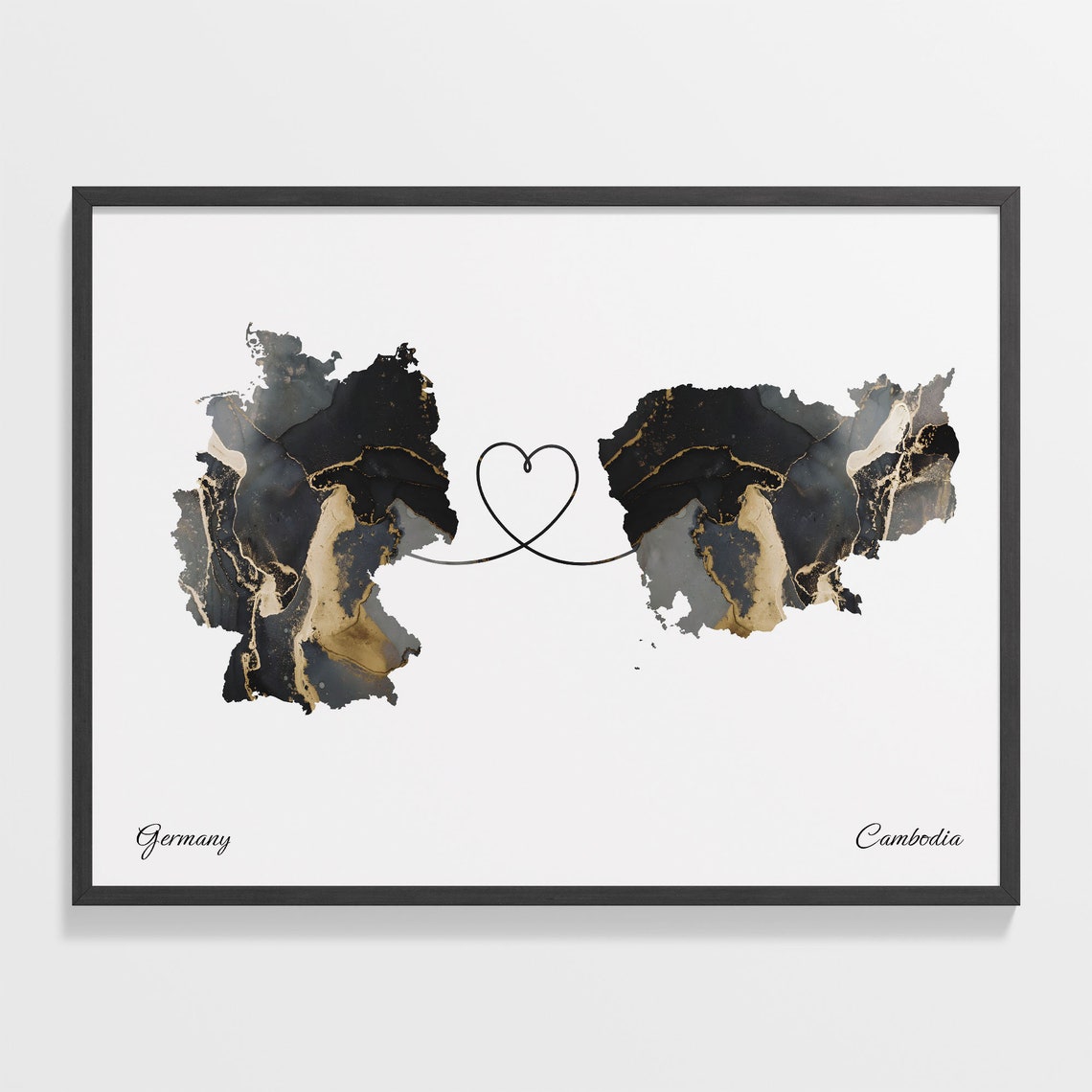 Germany and Cambodia Marble Heart Connected Countries Map Poster