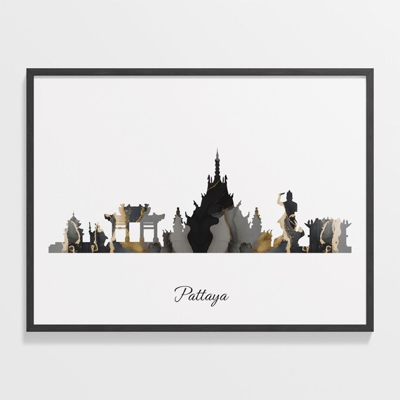 Pattaya Thailand Marble Skyline Black Gold Minimalist Cityscape Poster