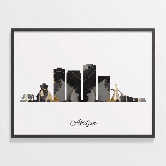 Abidjan Skyline Minimalist Black Gold Marble Cityscape Art Poster