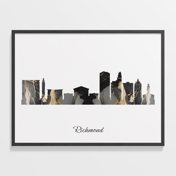 Richmond Virginia USA Black Gold Marble Skyline Silhouette City Print