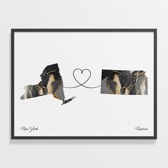 New York to Kansas Marble State Map Heart Long Distance Connection Poster